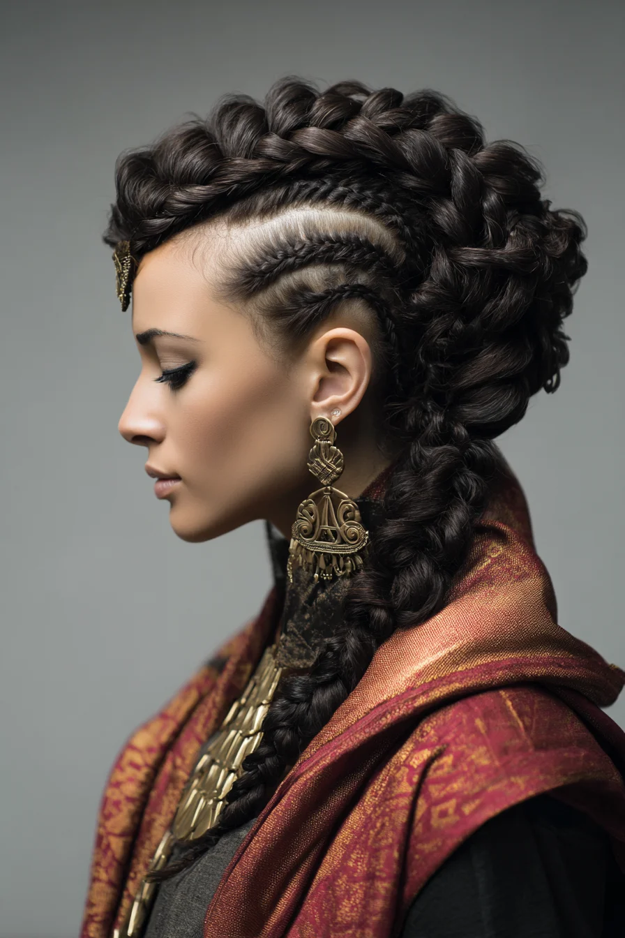 Intricate Braided Updo with Side Cornrows and Long Plait
