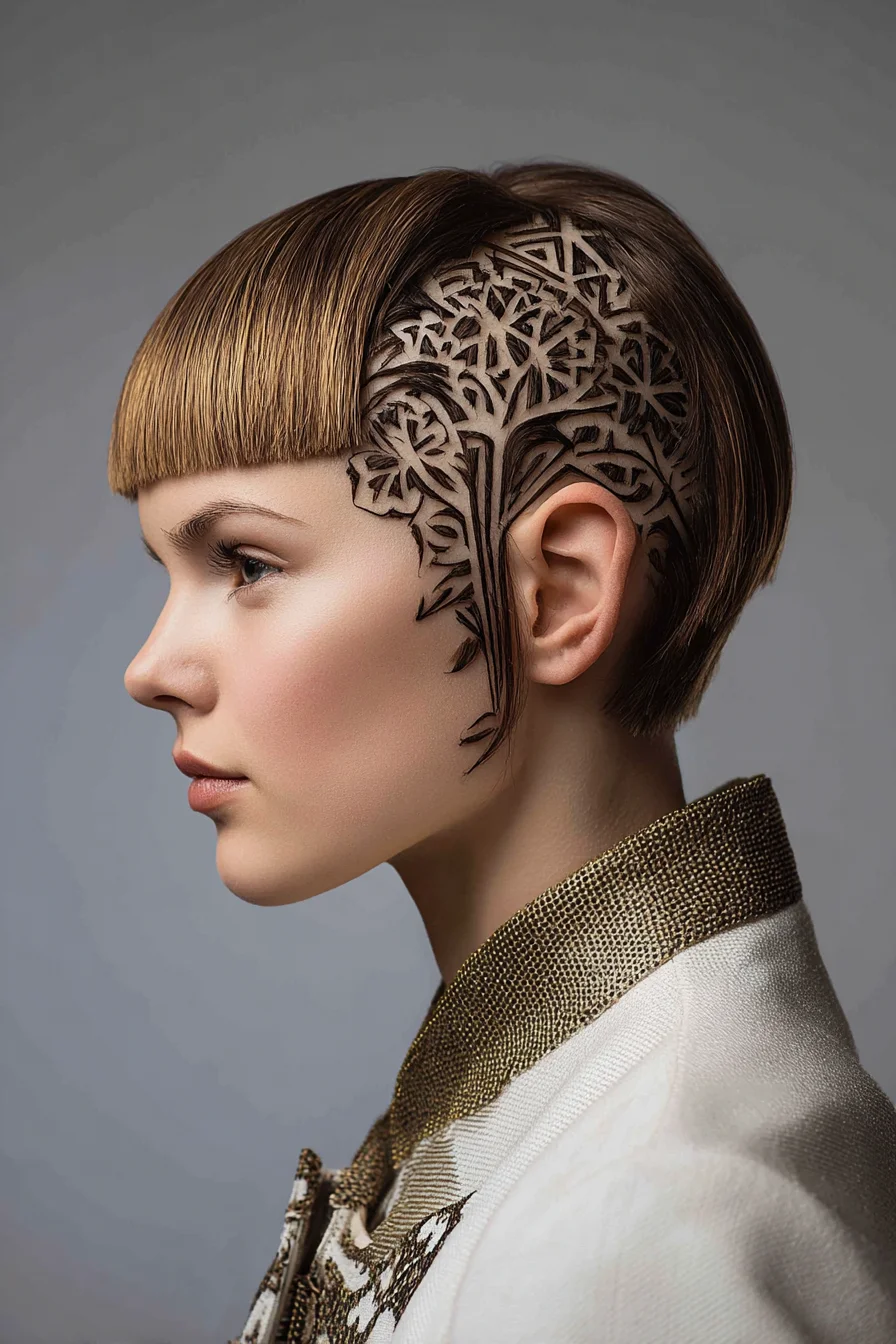 Intricate Side-Shave with Blunt Micro Bangs and Etched Leaf Pattern