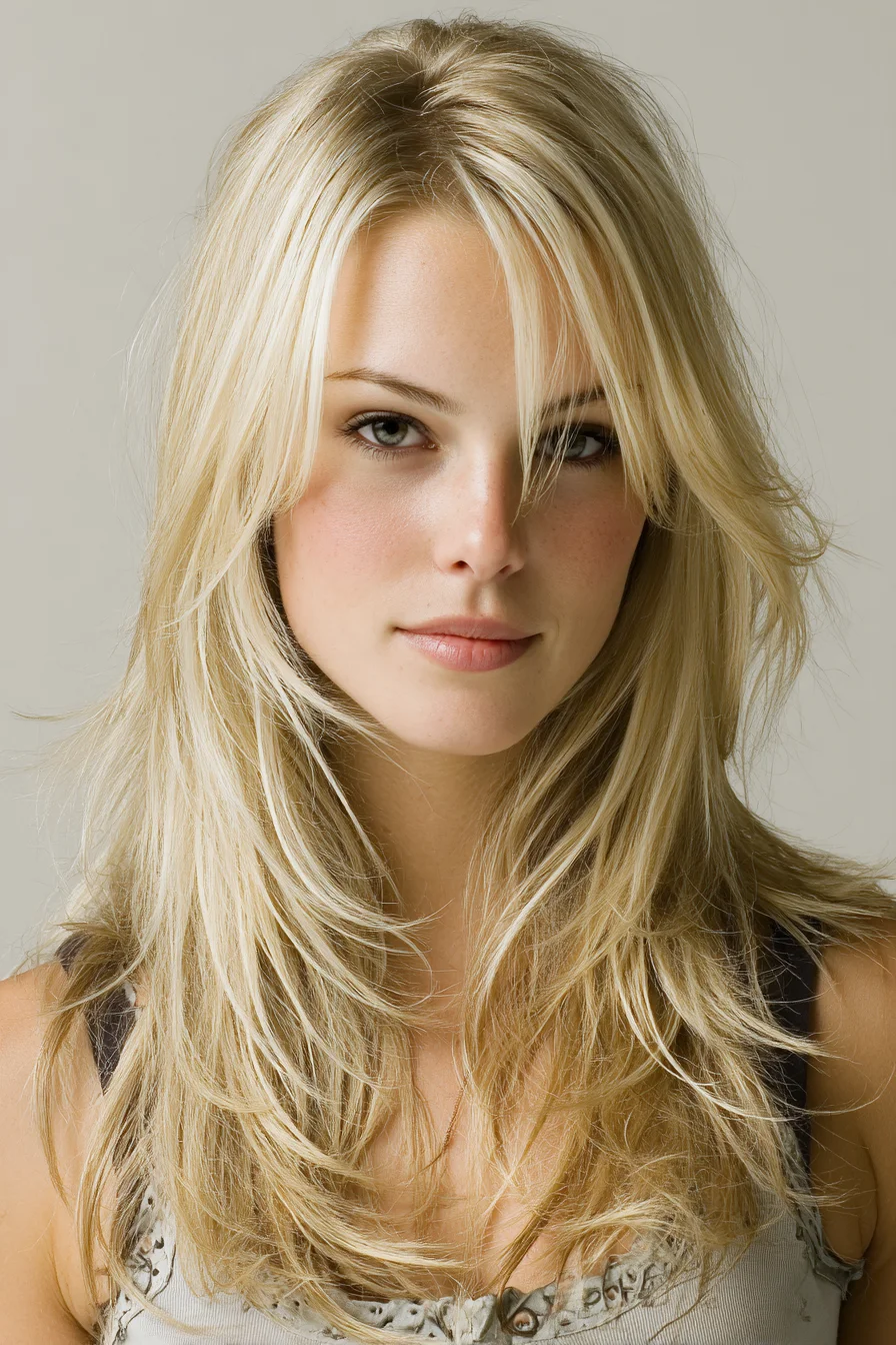 Layered Blonde Shag with Face-Framing Curtain Bangs