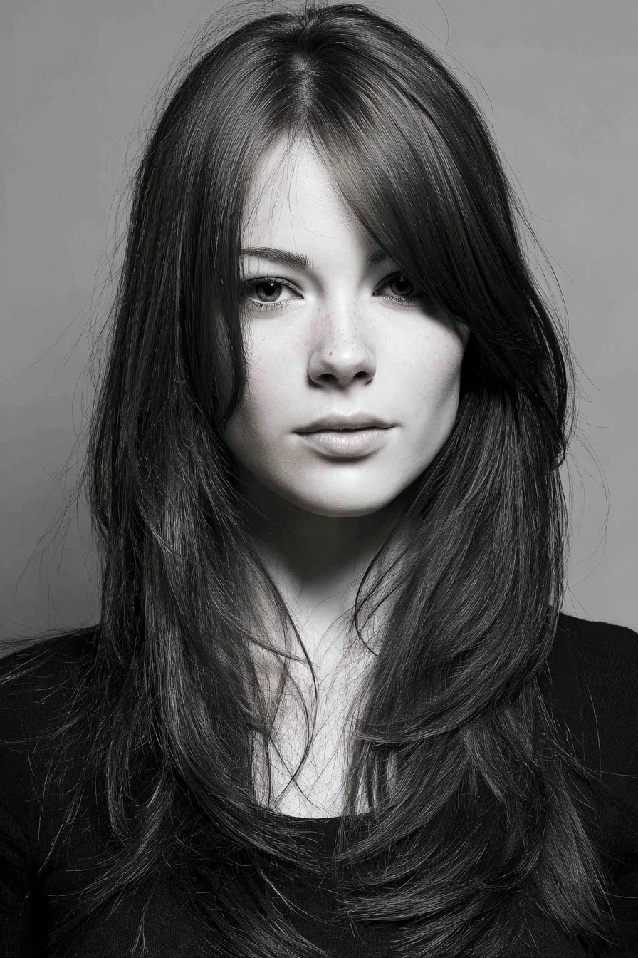 Layered Long Cut with Soft Curtain Bangs and Face-Framing