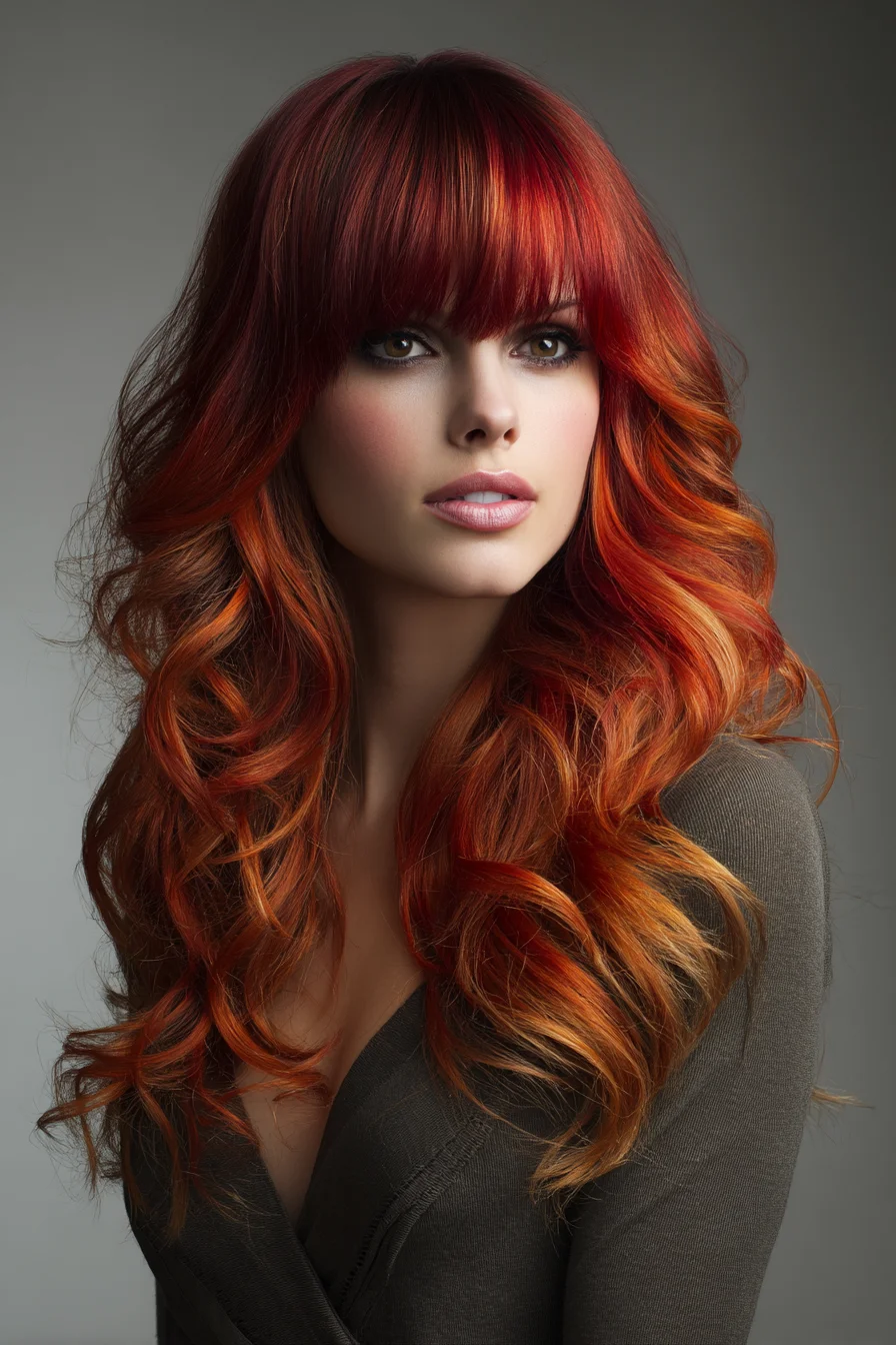 Long Copper Waves with Curtain Bangs for Volume