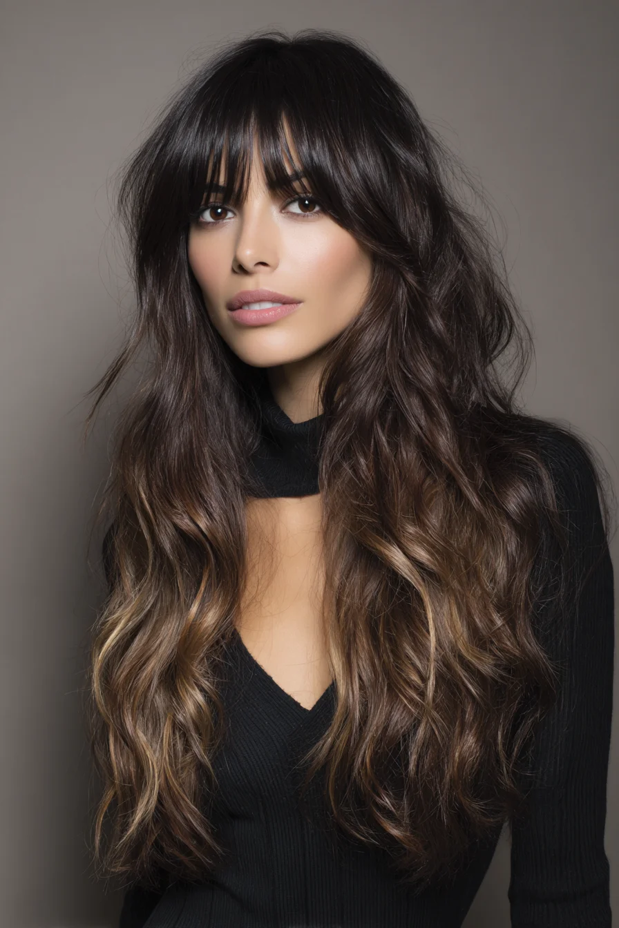 Long Layered Beachy Waves with Curtain Bangs & Balayage