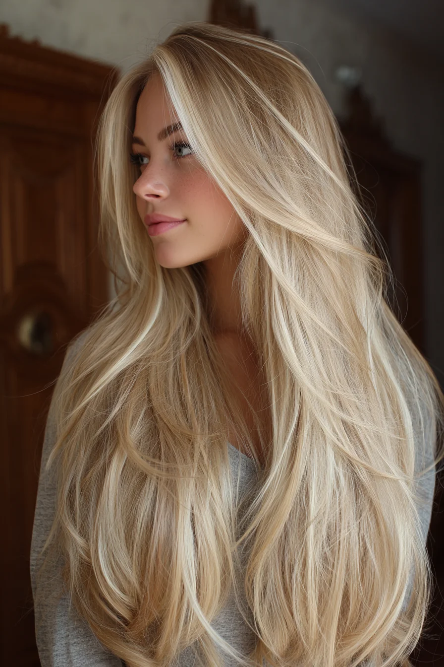 Long Layered Blonde with Face-Framing Curtain Bangs
