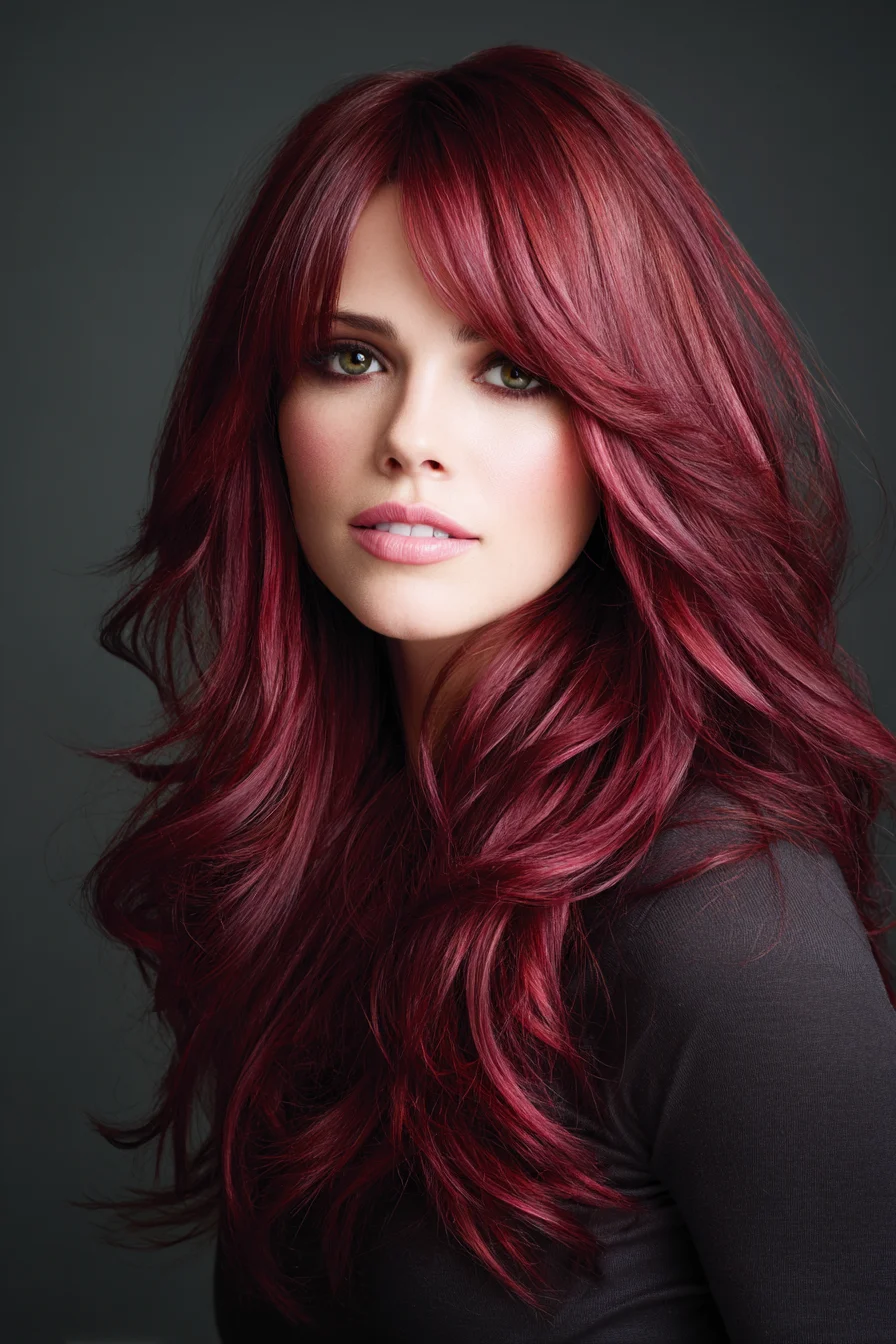 Long Layered Burgundy Waves with Face-Framing Bangs