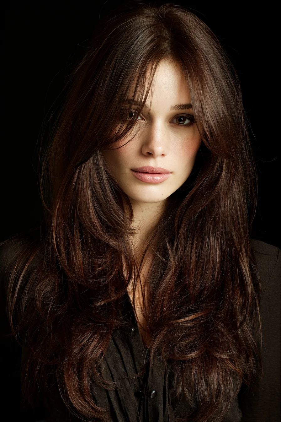 Long Layered Hair with Soft Curtain Bangs and Volume