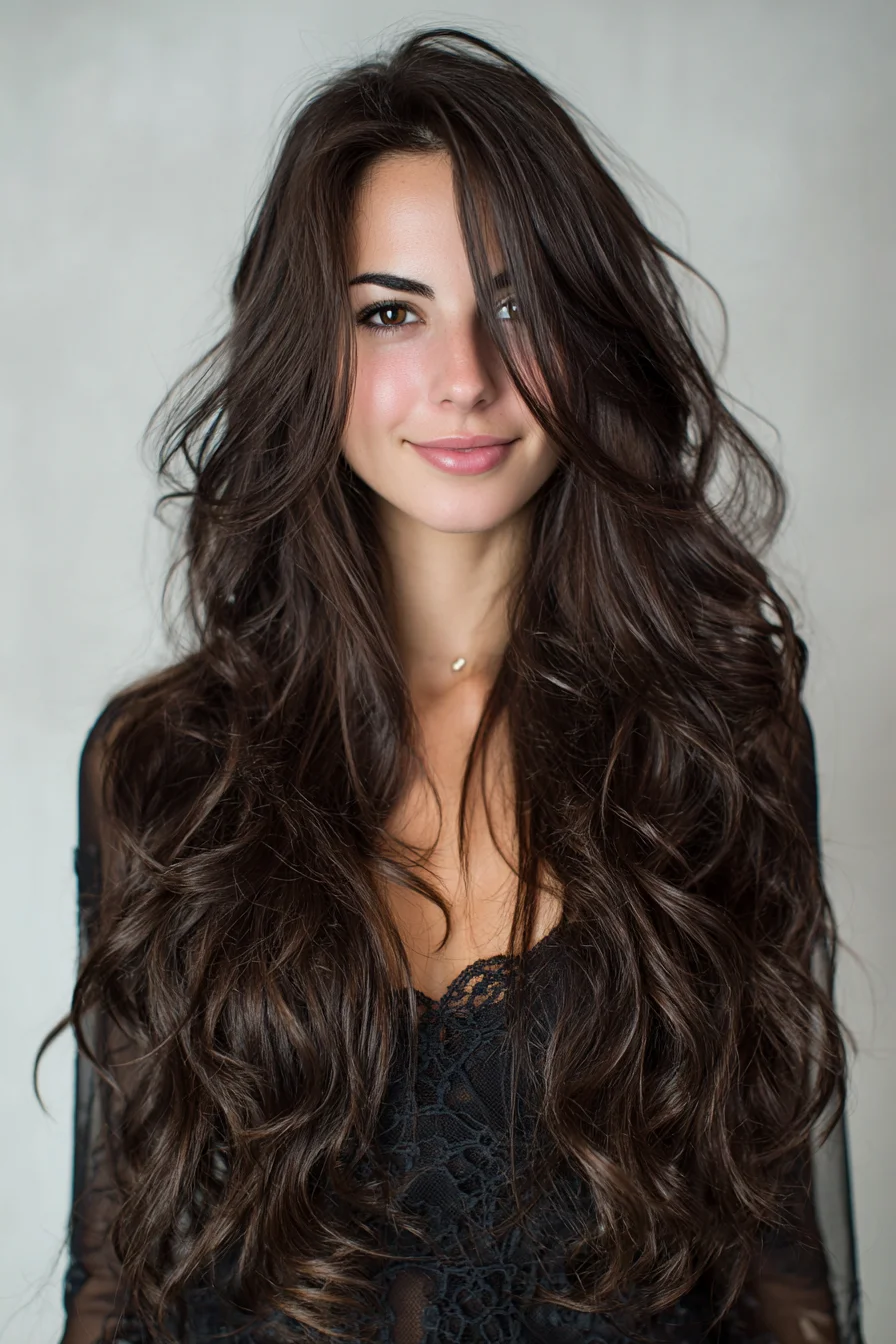 Long Layered Waves with Face-Framing Curtain Bangs