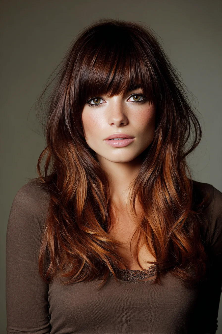 Long Layered Waves with Full Blunt Fringe for a Soft, Tousled Look