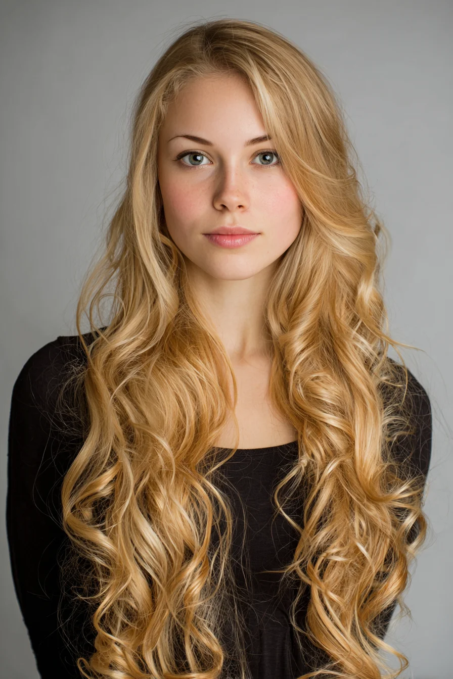 Long Loose Curls with Soft Face-Framing Layers for Volume