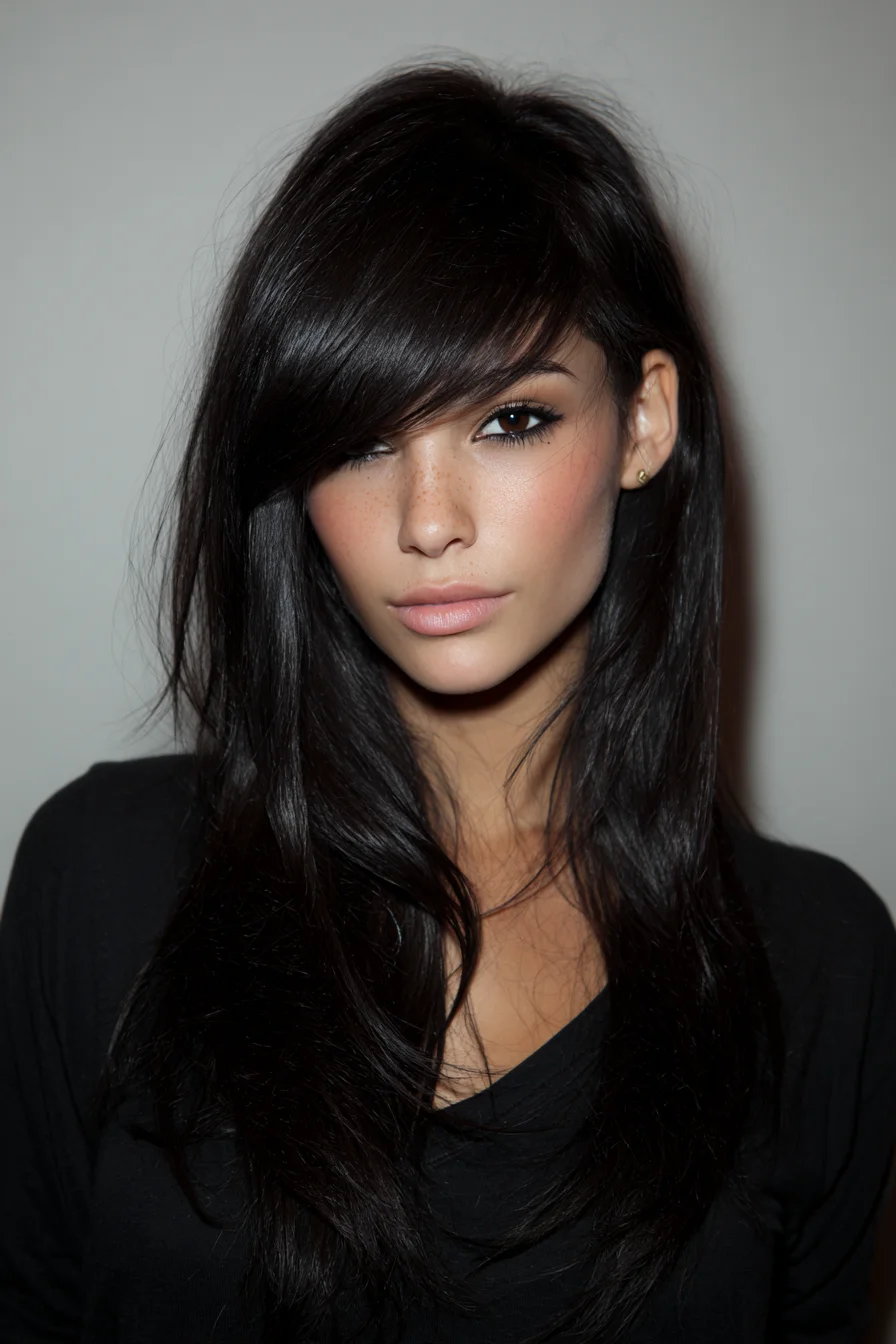 Long Sleek Layers with Deep Side-Swept Bangs for Everyday