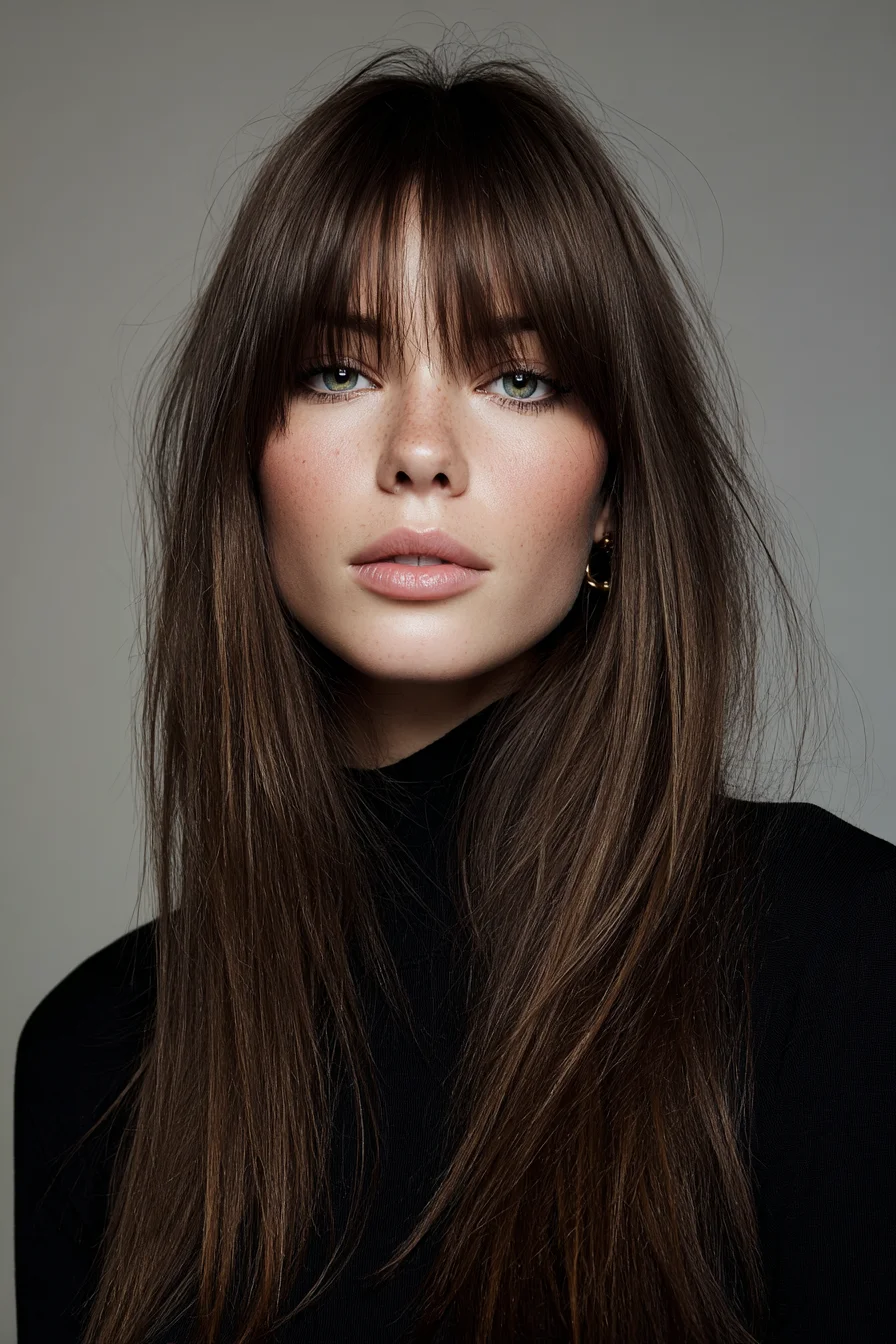 Long Straight Layers with Soft Curtain Bangs for Everyday