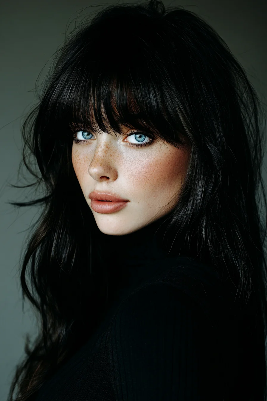 Long Tousled Layers with Full Blunt Fringe and Bangs