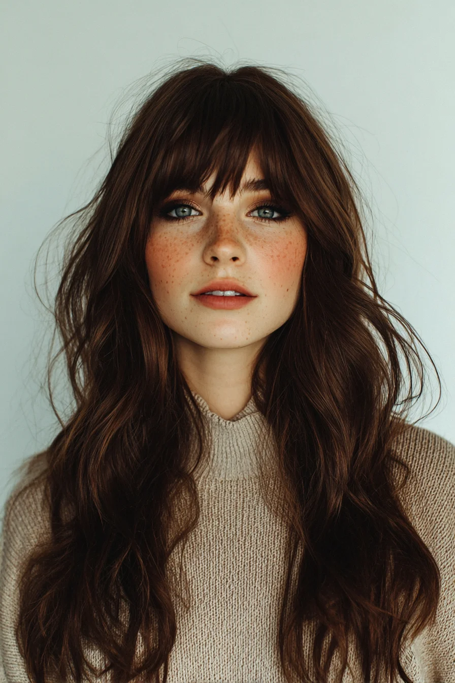 Long Tousled Waves with Fuller Blunt Bangs for Everyday