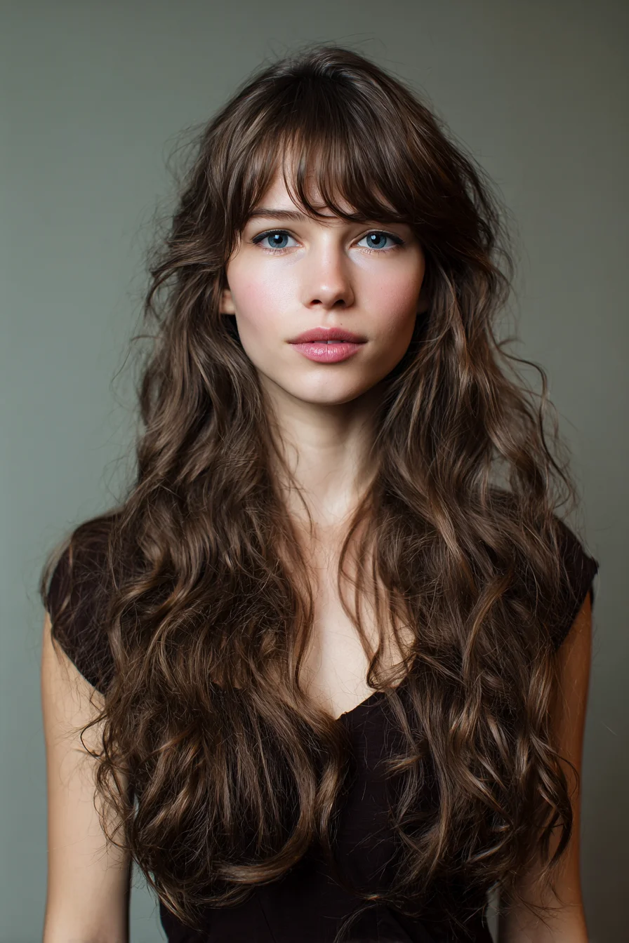Long Tousled Waves with Wispy Curtain Bangs for Everyday
