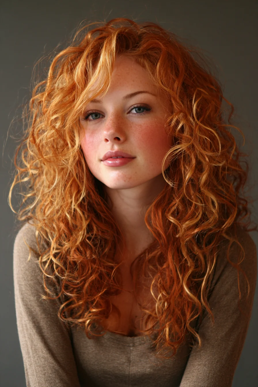 Long Voluminous Copper Curls with Soft Face-Framing Layers