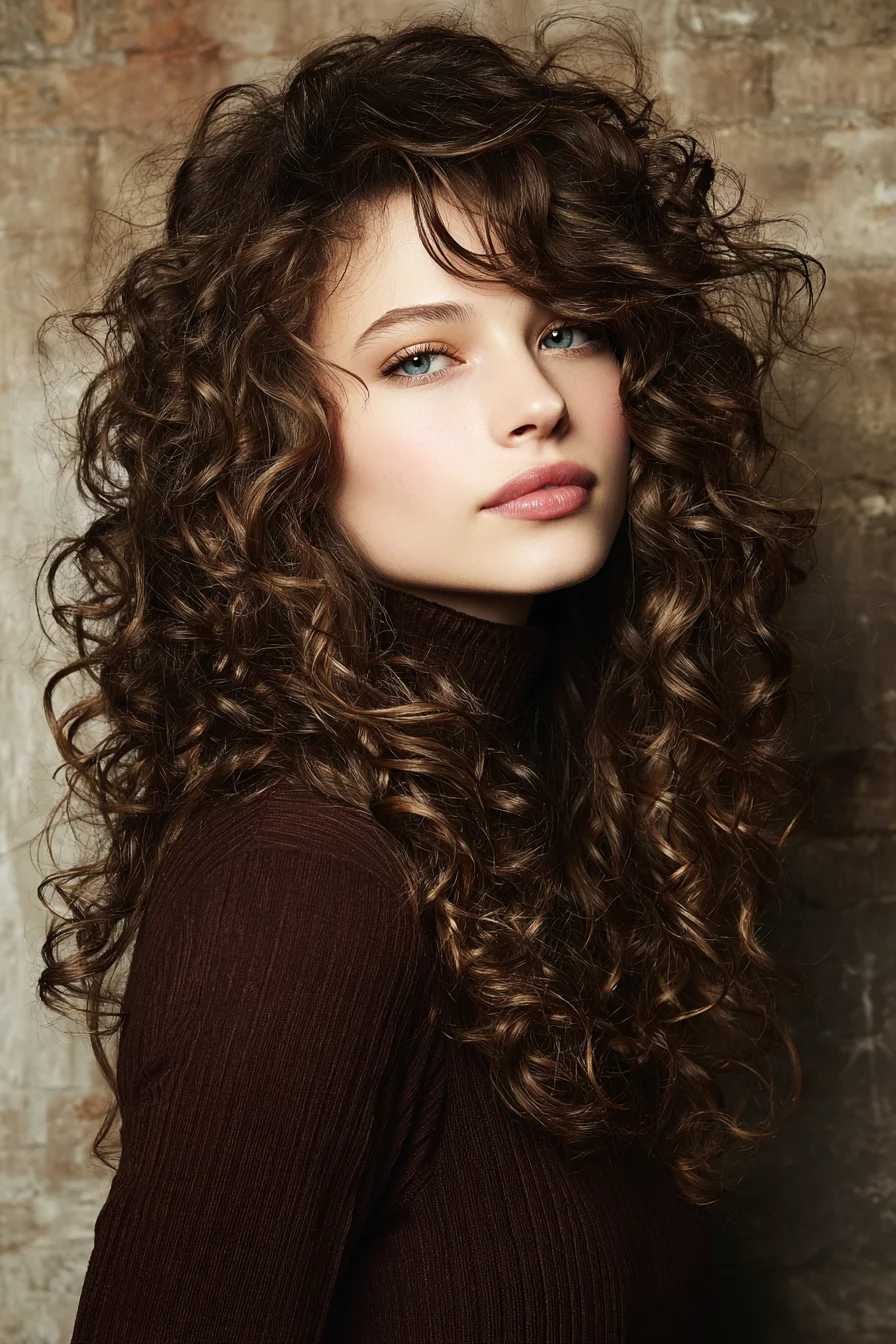 Long Voluminous Curls with Face-Framing Bangs