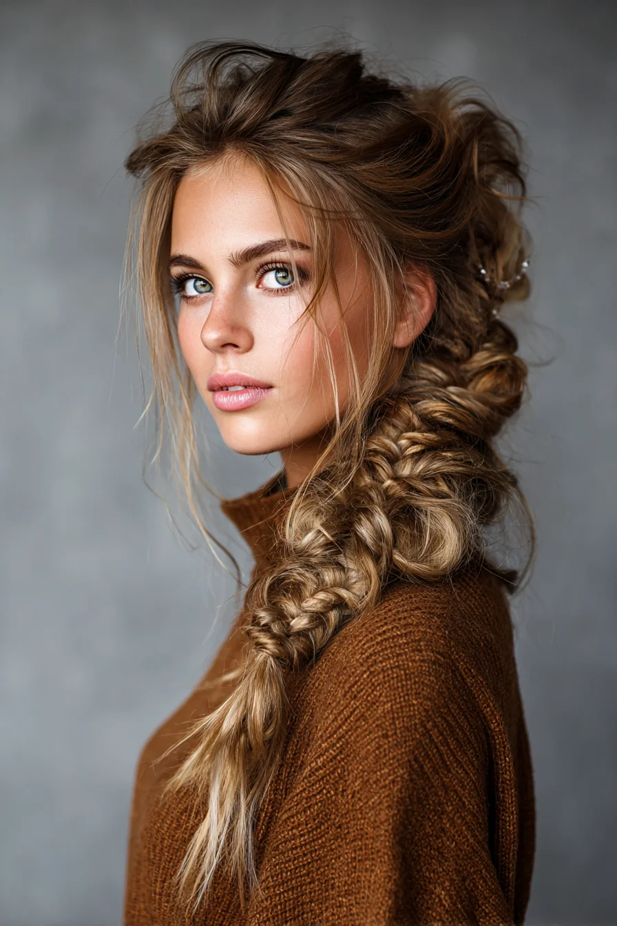 Loose Boho Side Braid with Messy Face-Framing Pieces