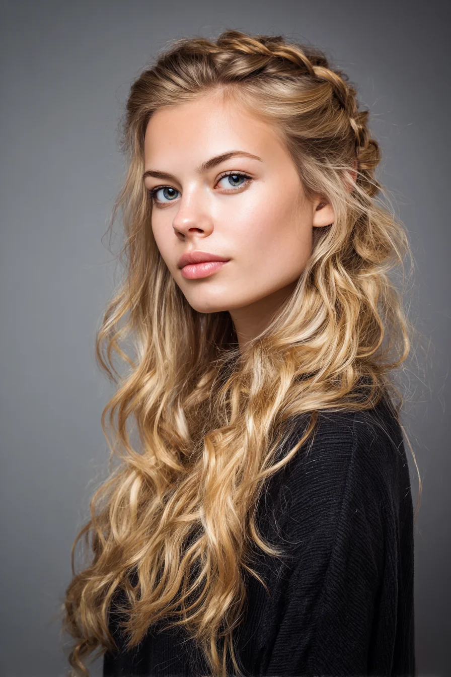 Loose Crown Braid with Beachy Waves for Long Hair