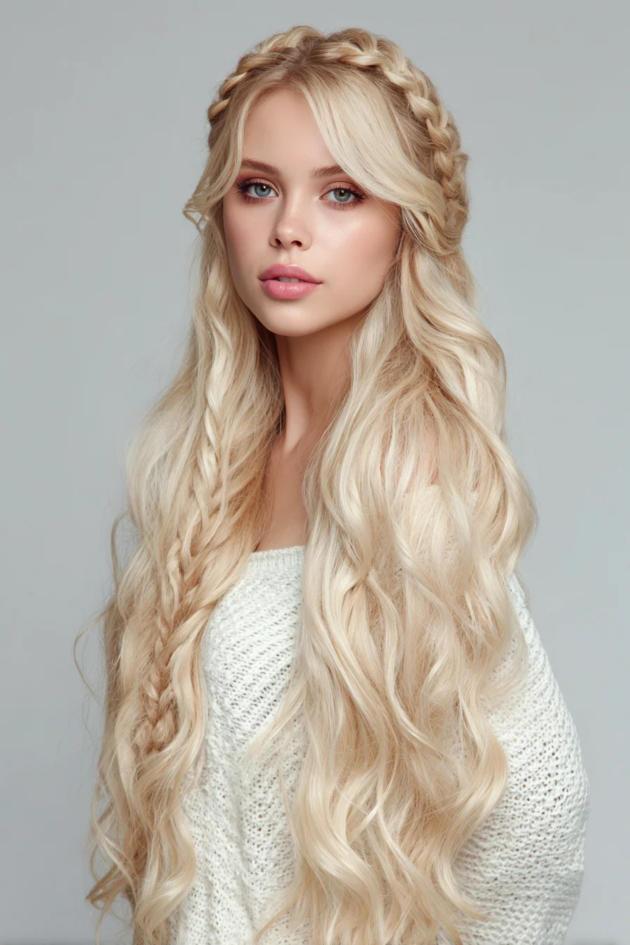 Loose Crown Braid with Romantic Beachy Waves for Long Hair