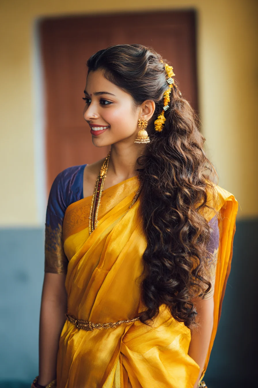 Loose Curly Side Pony with Floral Gajra Accent