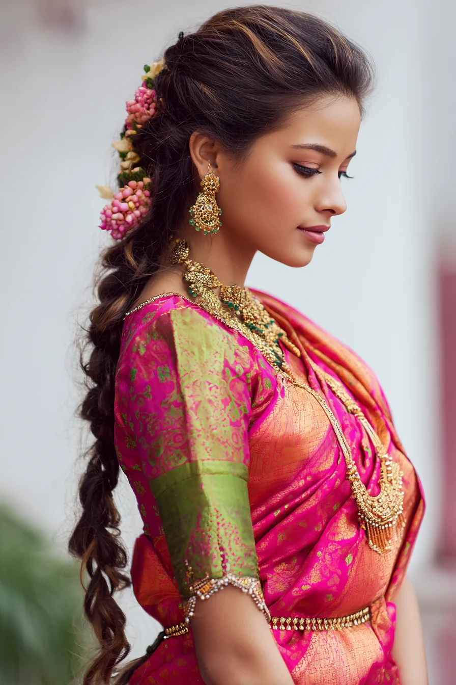 Loose Flower-Studded Braided Hairstyle for Saree Looks