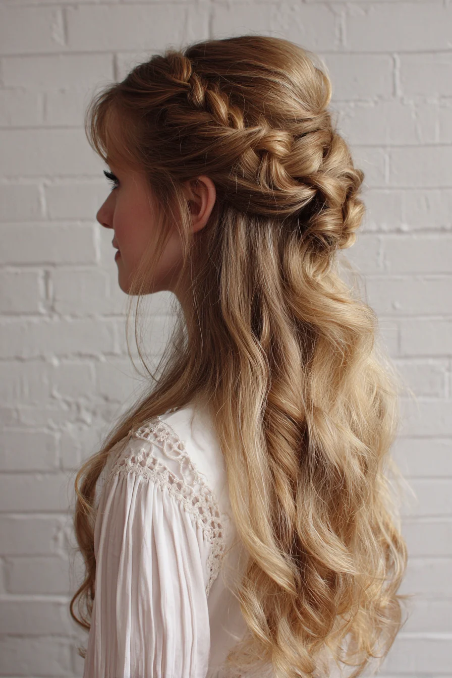 Loose Half-Up Braided Crown for Romantic Waves