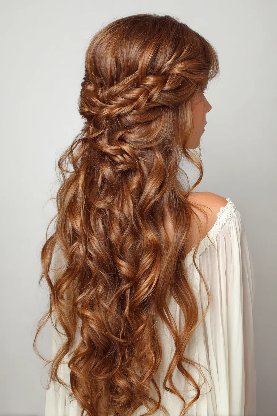 Loose Half-Up Twist with Beachy Curls and Braided Wrap