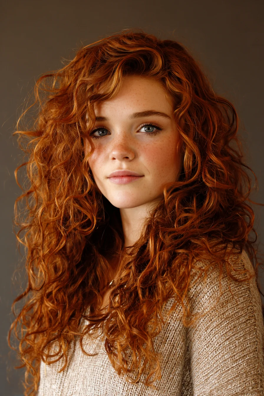 Loose Layered Curls with Face-Framing Pieces, Red Copper