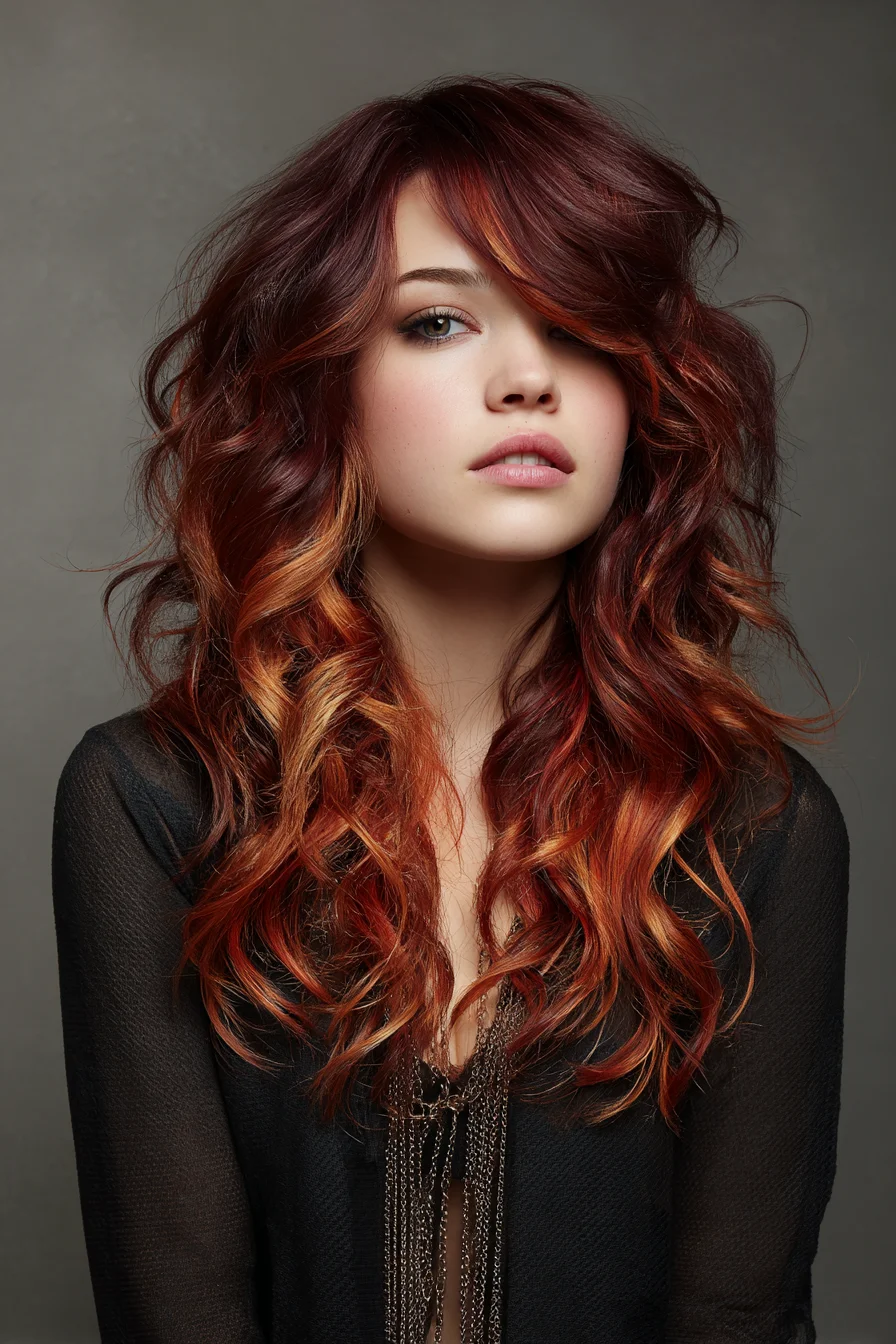 Loose Layered Waves with Fiery Copper Balayage
