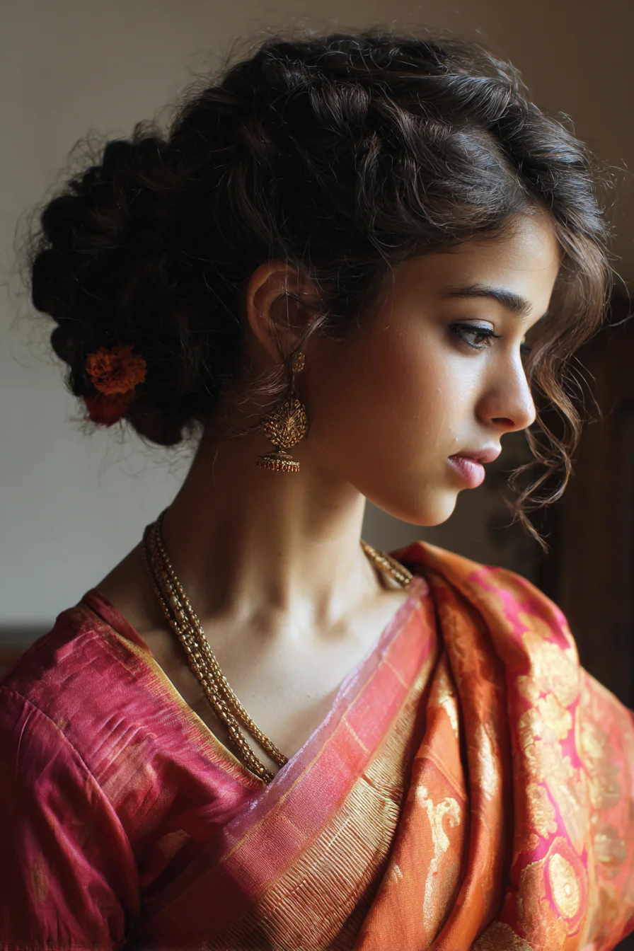 Loose Low Bun with Soft Face-Framing Tendrils and Flowers