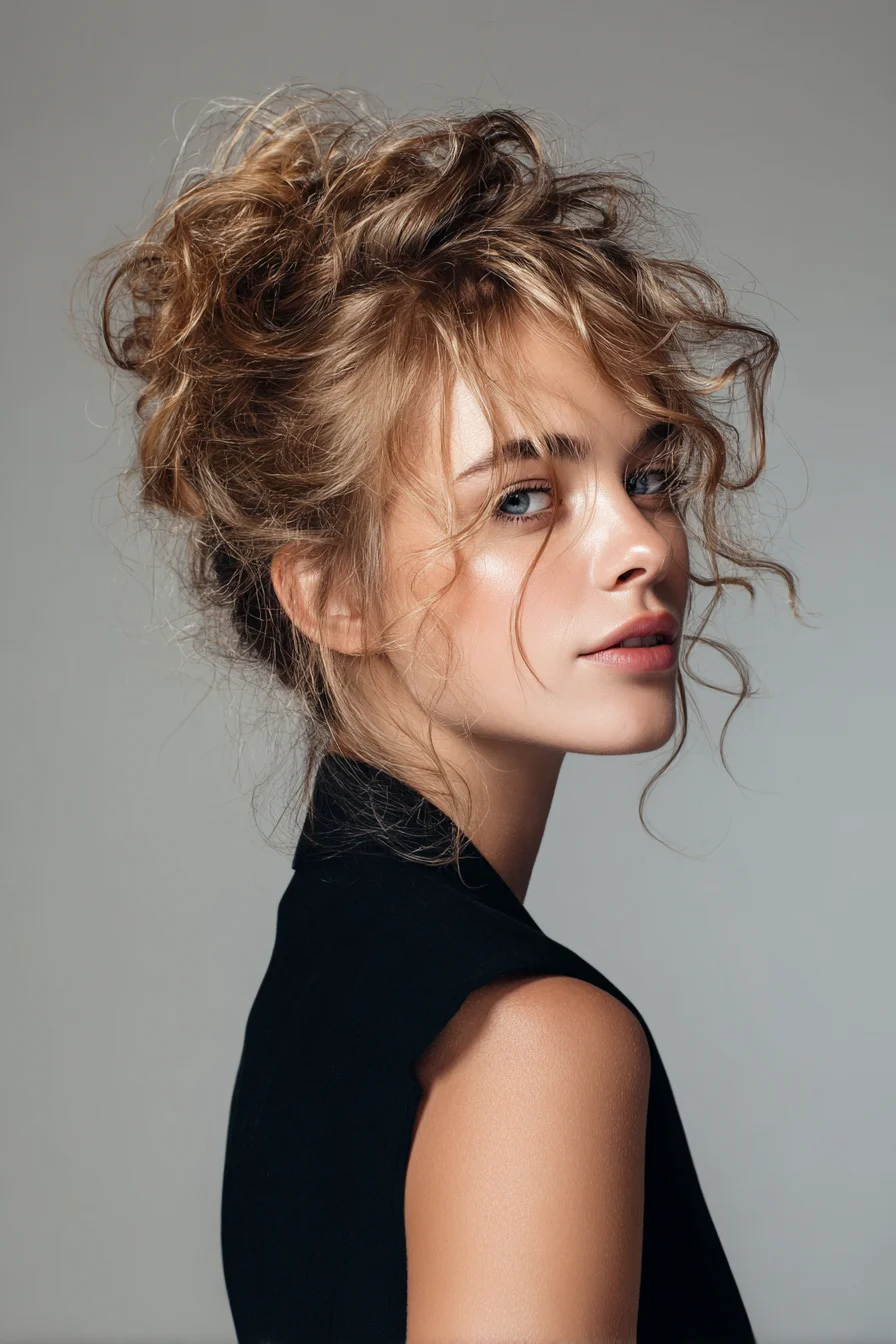 Loose Messy Curly Bun with Face-Framing Tendrils