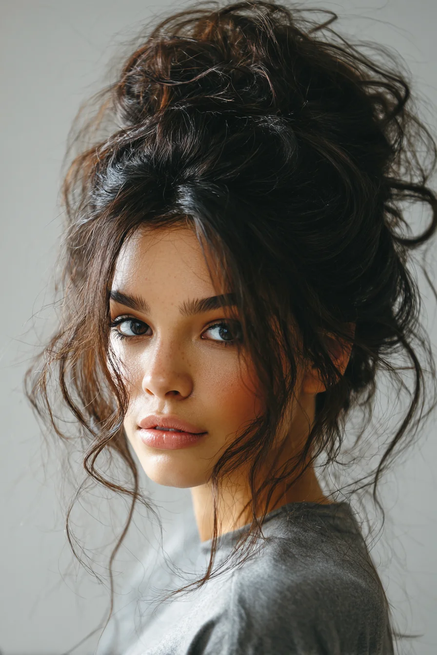 Loose Messy High Bun with Face-Framing Pieces