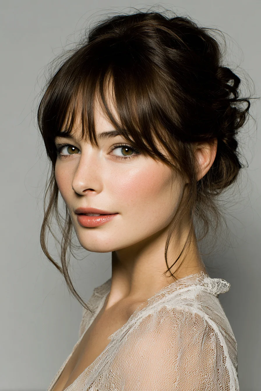 Loose Messy Updo with Curtain Bangs for Soft Romantic Style