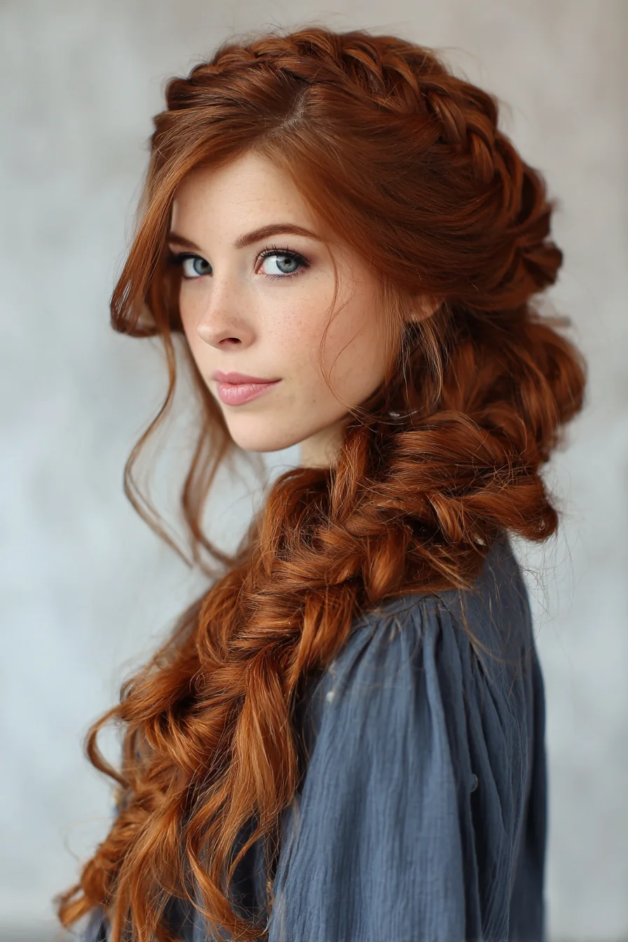 Loose Side Fishtail with Braided Crown for Red Hair