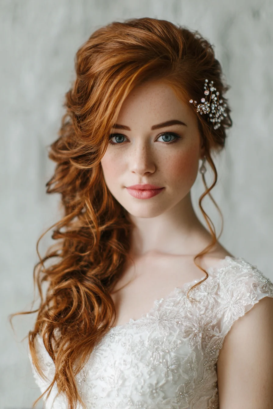 Loose Side-Swept Curls with Delicate Bridal Hairpiece