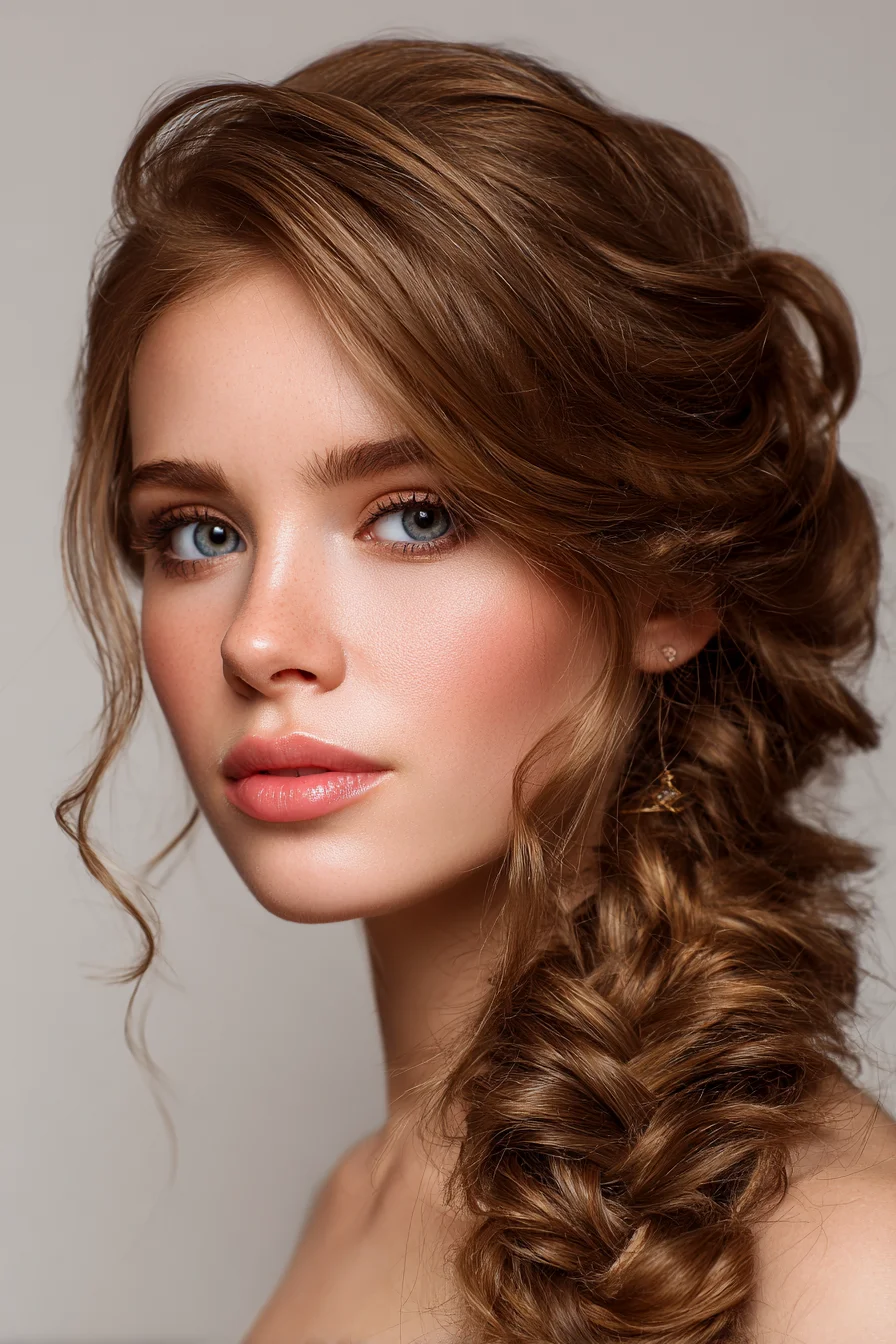 Loose Textured Side Fishtail Braid with Face-Framing Pieces