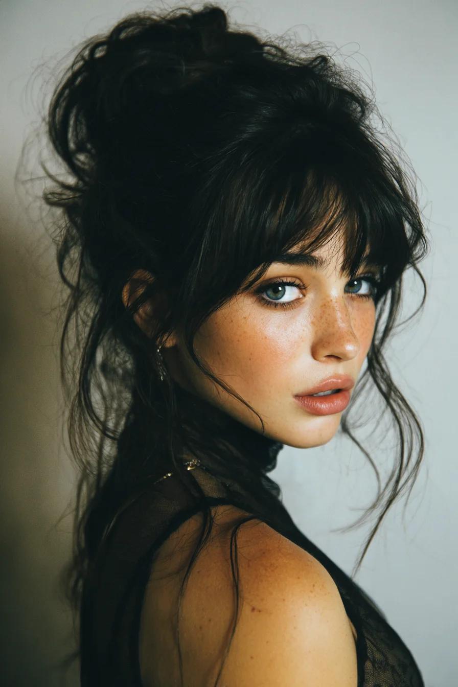 Loose Textured Updo with Curtain Bangs Soft Messy Look