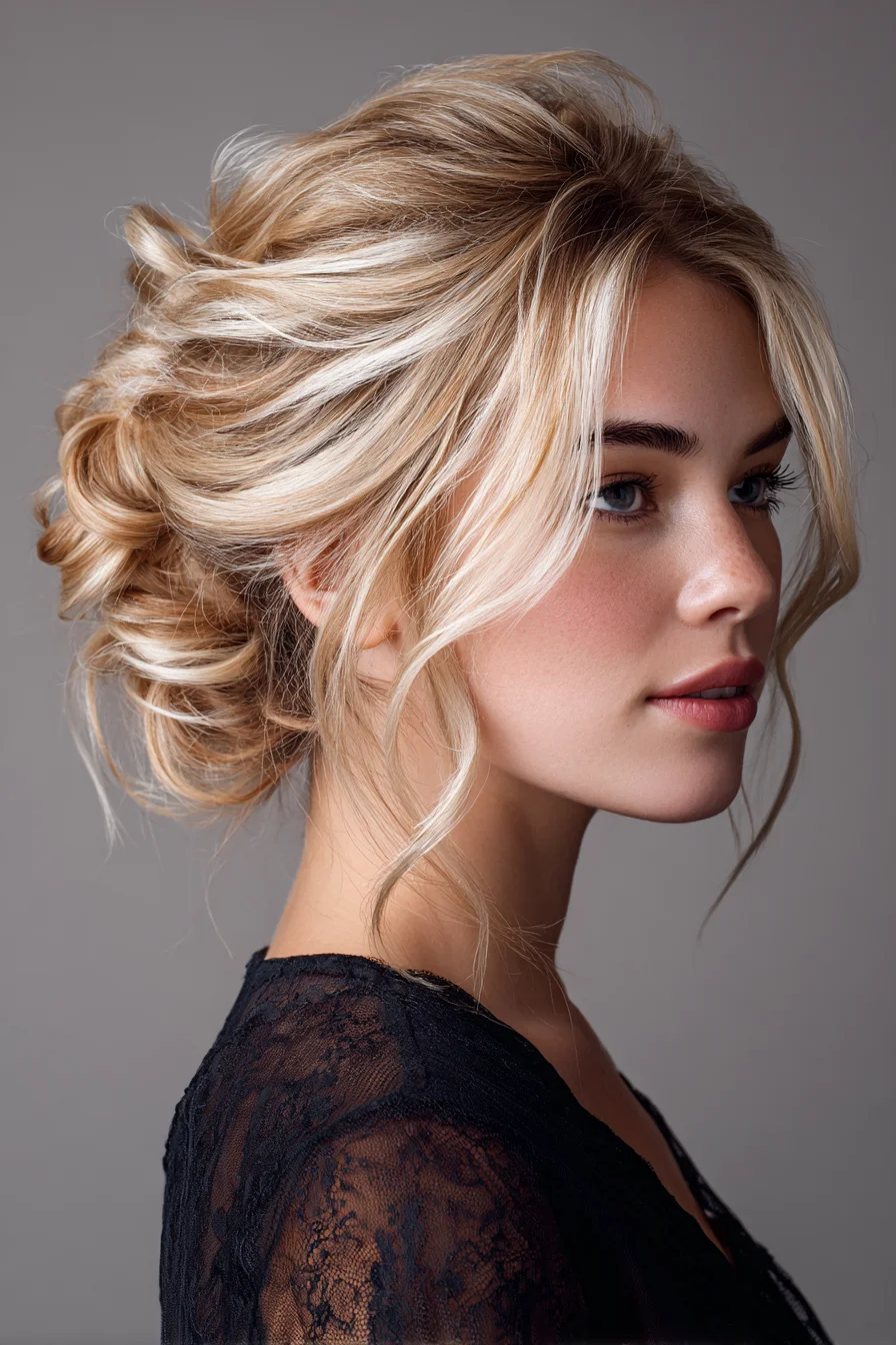 Loose Tousled Low Updo with Face-Framing Pieces