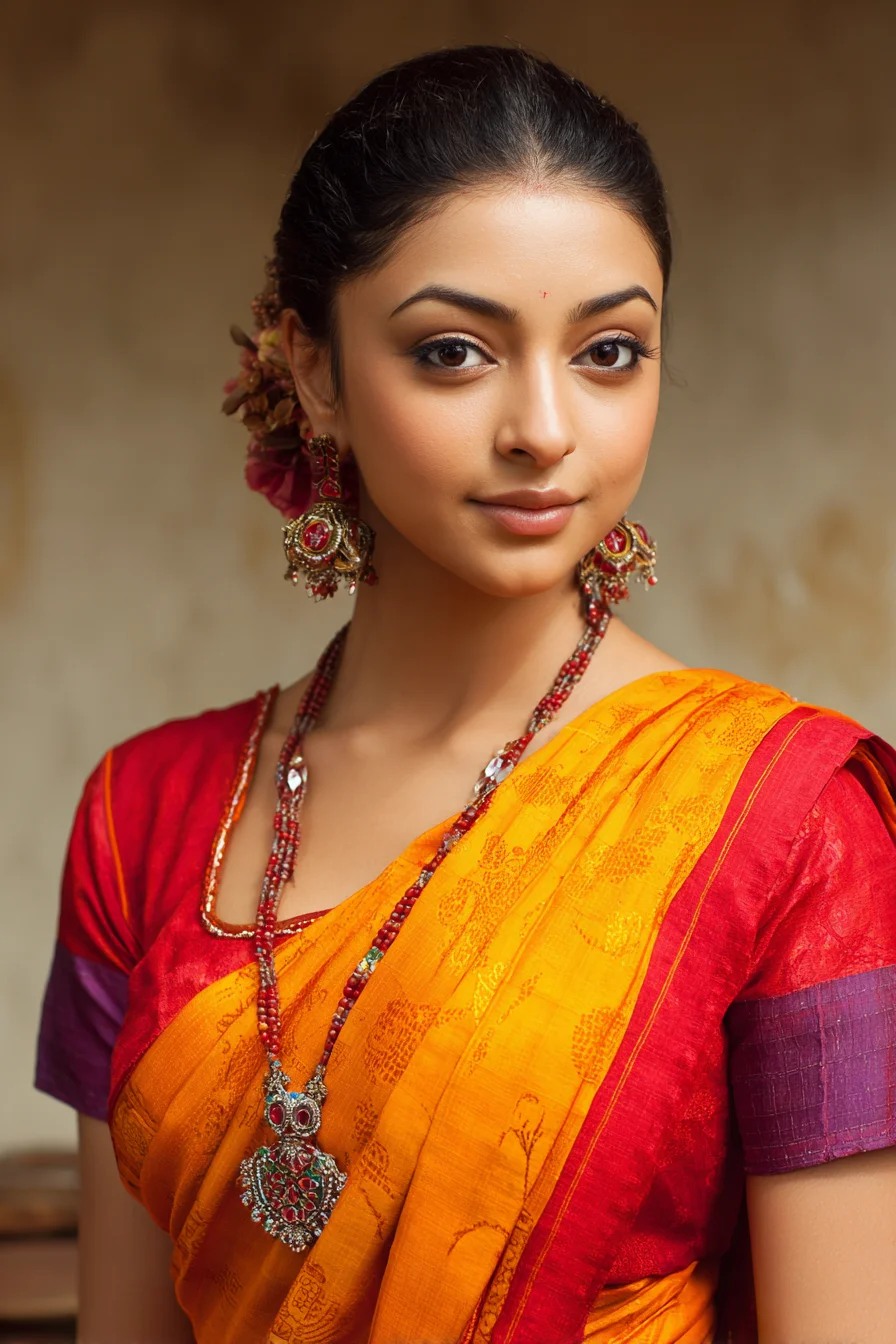 Low Floral Bun with Clean Center Part Traditional Look