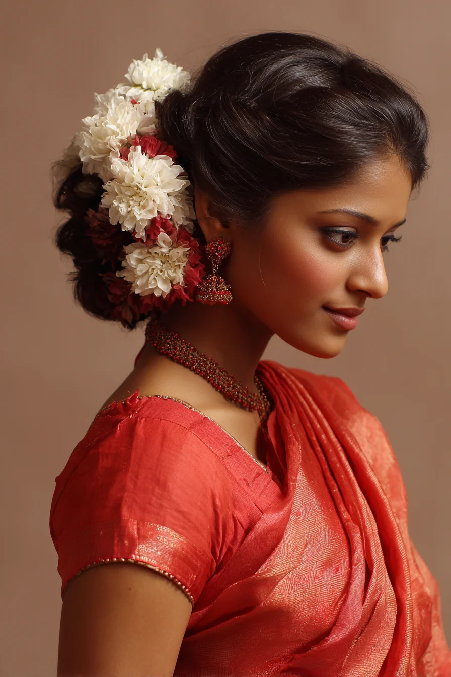 Low Floral Bun with Side Twist Traditional Festive Style