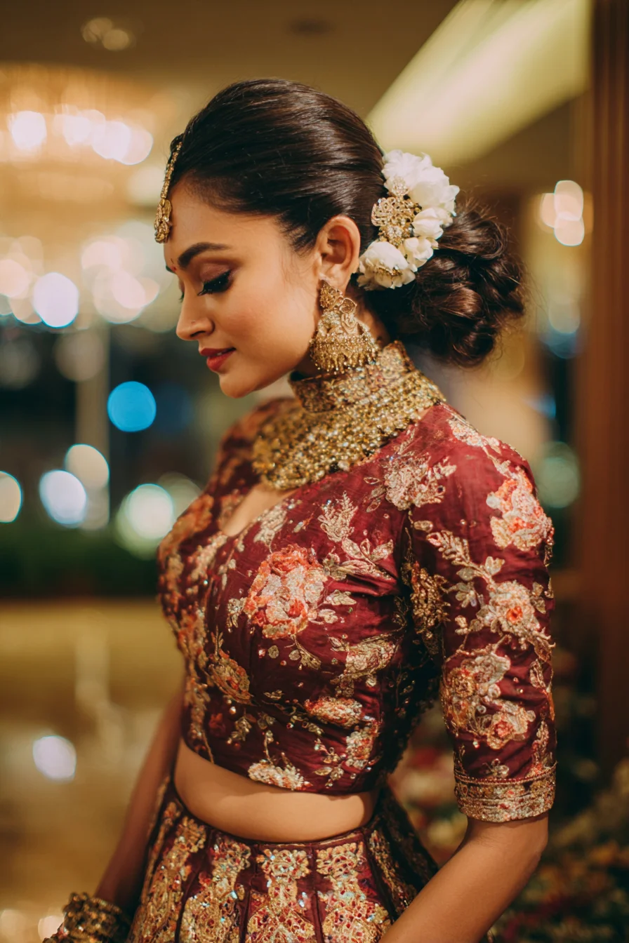 Low Floral Bun with Sleek Side Part for Weddings