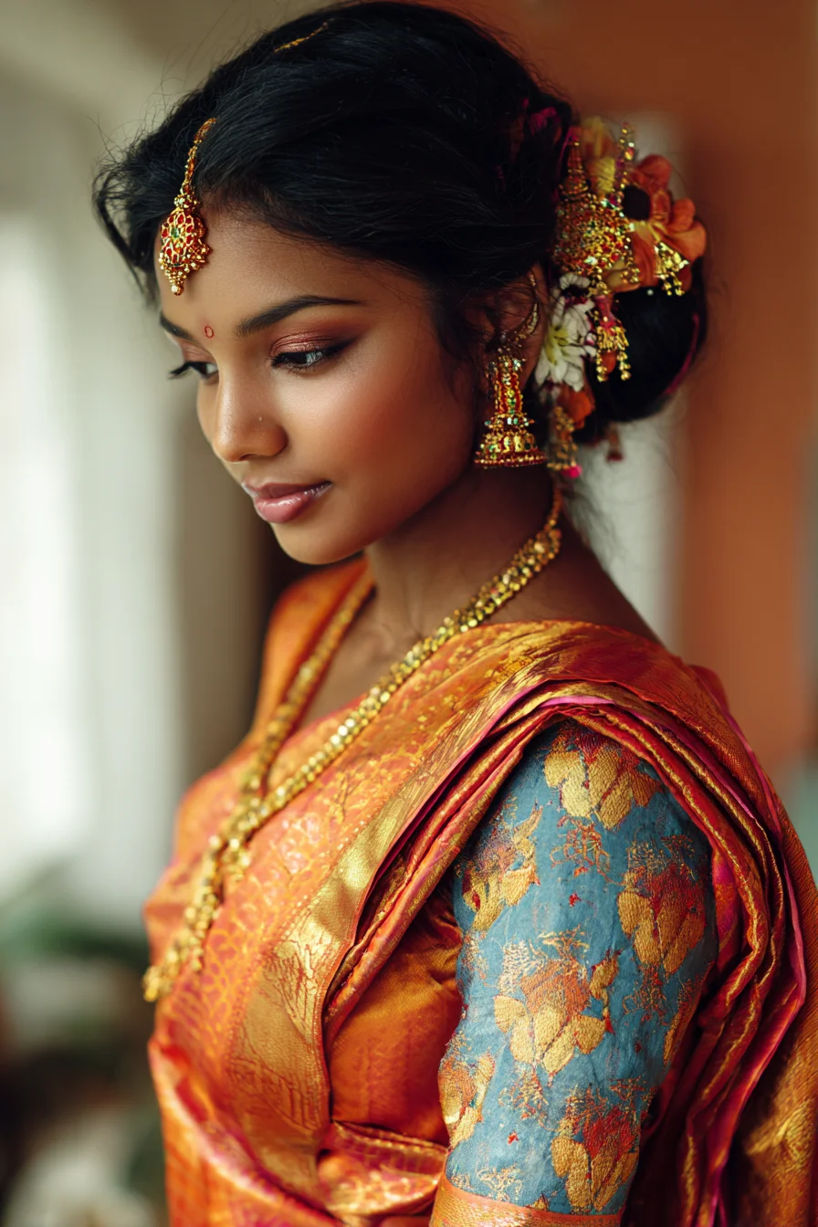 Low Floral Bun with Traditional Jewelry Accents