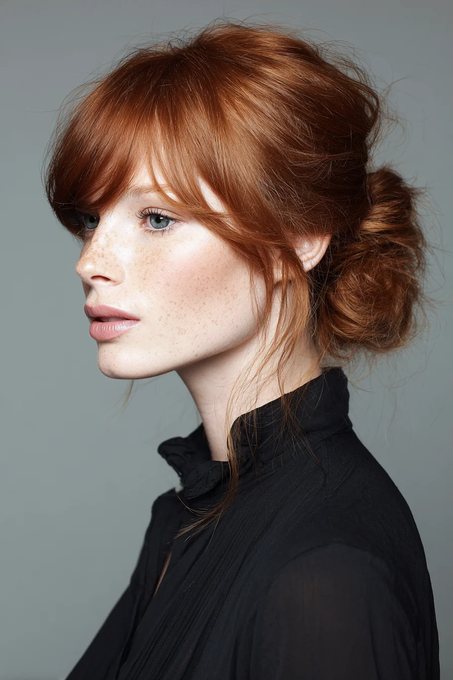Low Messy Bun with Curtain Bangs for Everyday