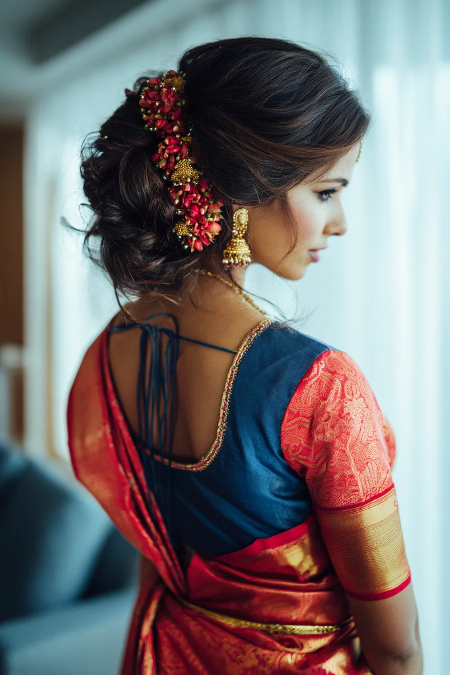 Low Messy Bun with Floral Gajra for Sari Looks