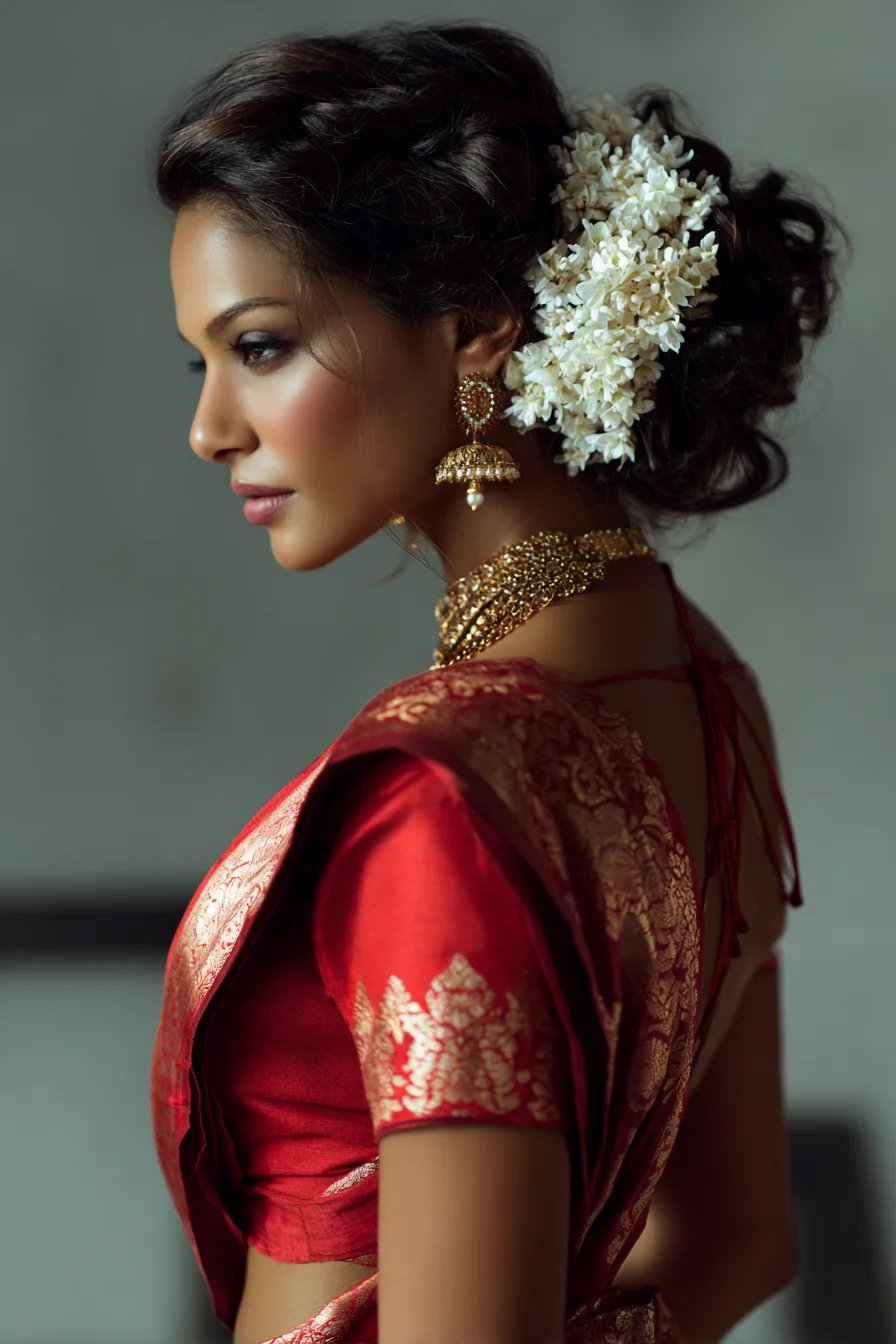 Low Textured Bun with Jasmine for Saree & Bridal