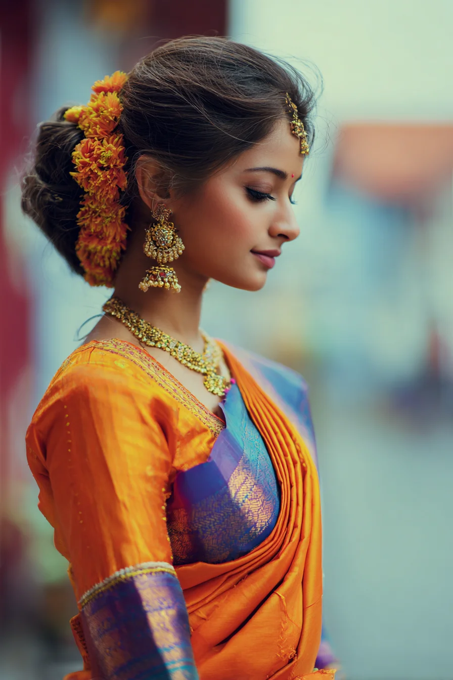 Low Textured Bun with Marigold Gajra for Saree Looks