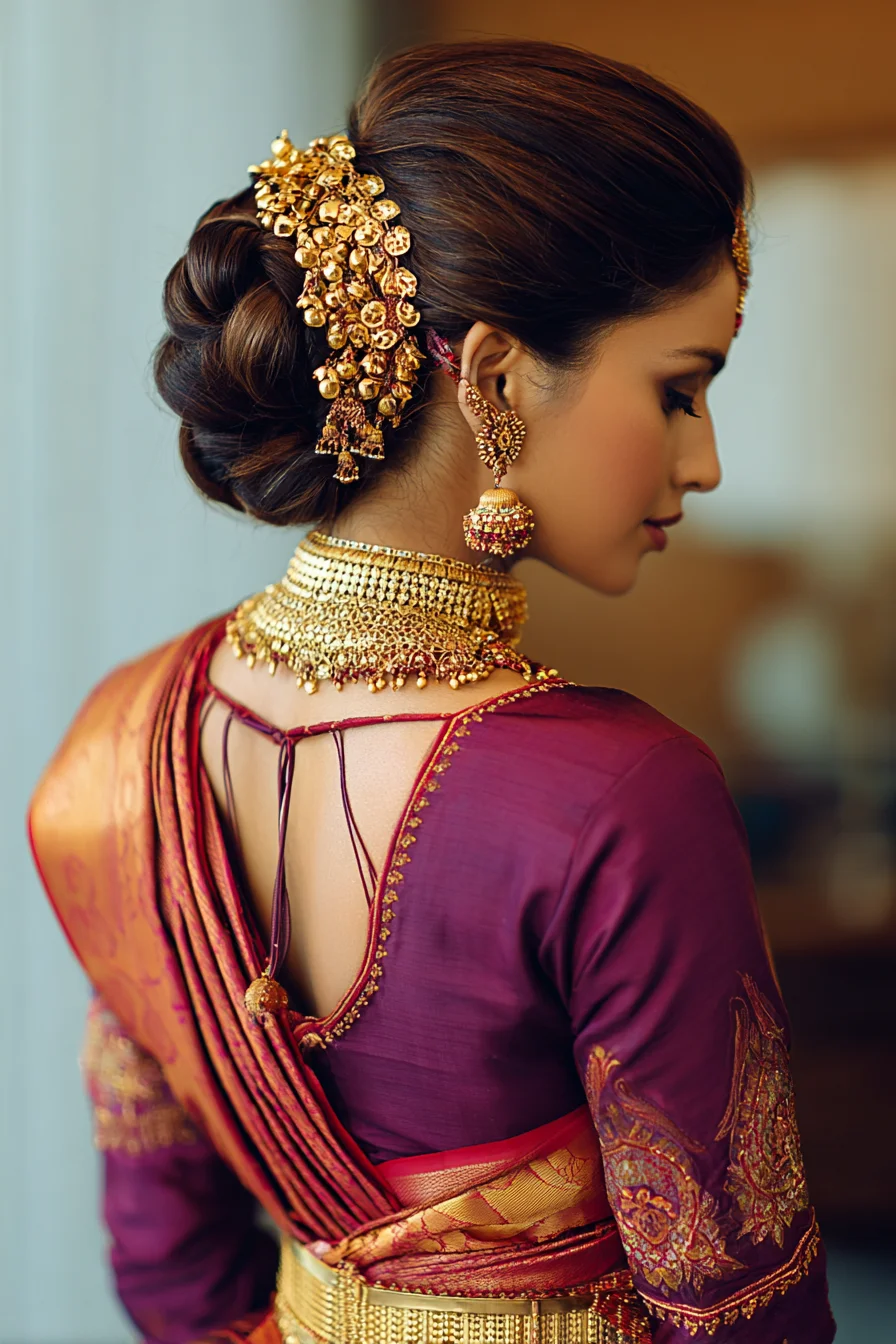 Low Twisted Bun with Gold Bridal Hairpiece for Saree Looks