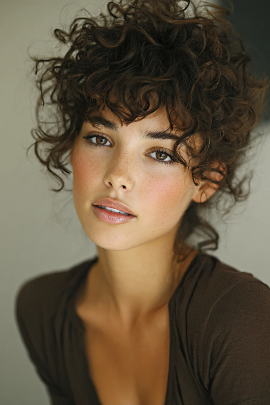 Messy Curly Topknot with Curtain Curls and Bangs