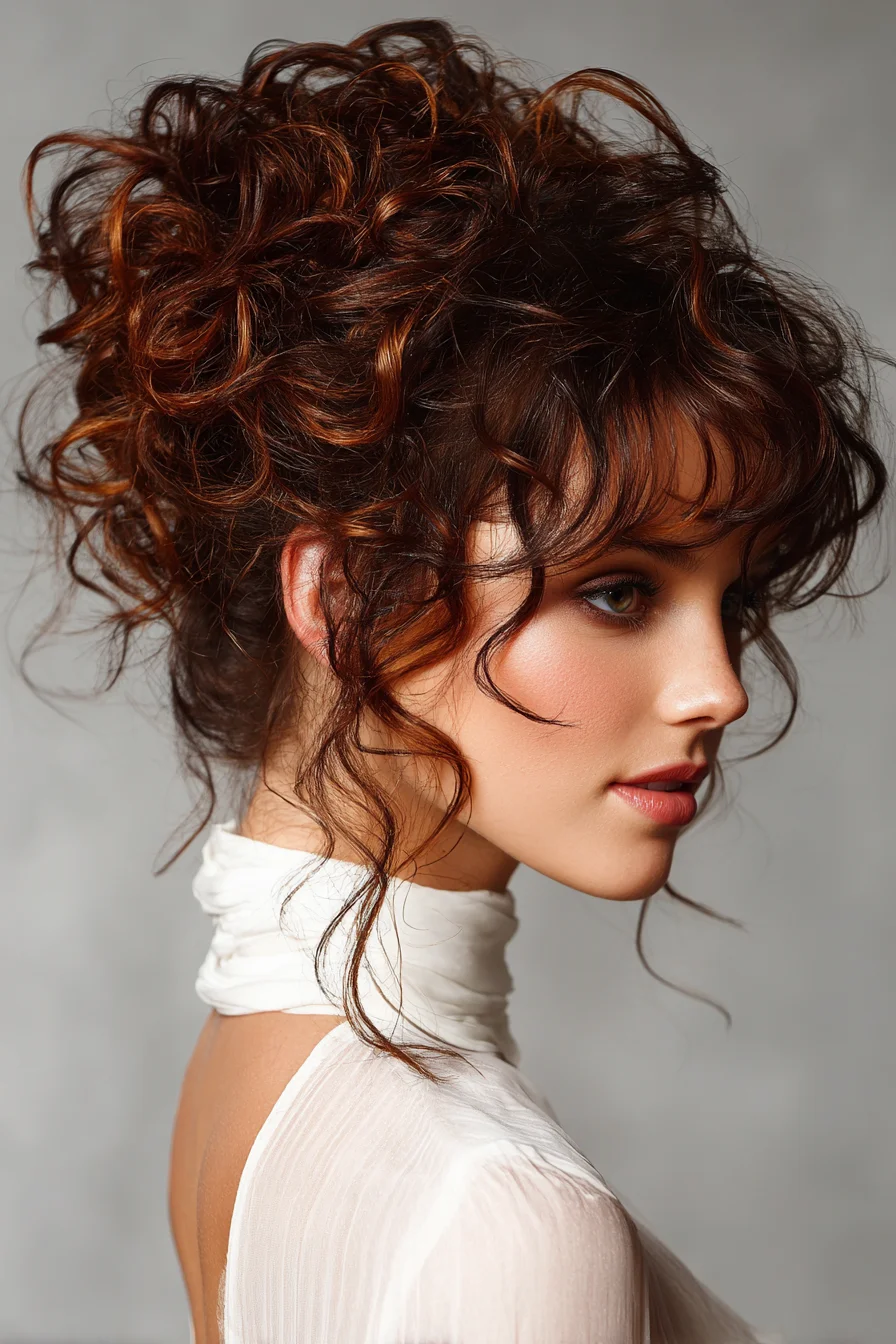 Messy Curly Updo with Soft Face-Framing Bangs