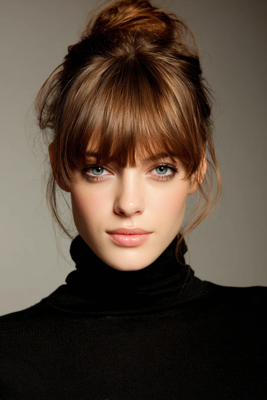 Messy High Bun with Curtain Bangs for Busy Mornings