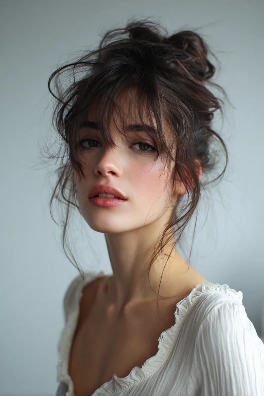 Messy High Bun with Curtain Bangs Soft Face-Framing